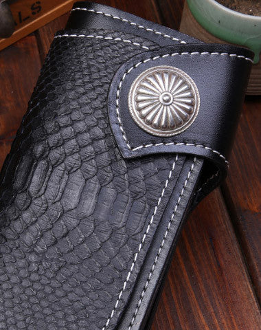 Handmade leather Long biker trucker wallet leather chain men snake skin black wallet