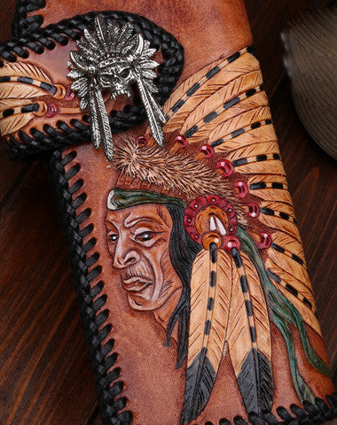 Handmade leather Long biker trucker wallet leather chain men indian Black Carved Tooled wallet