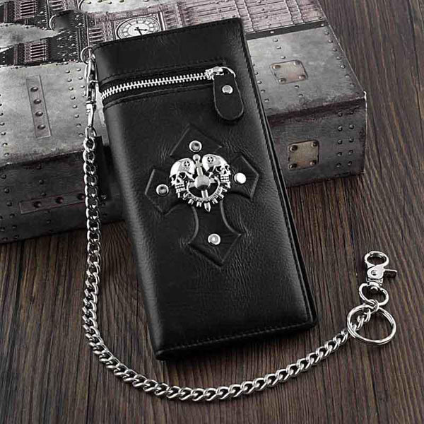 Badass Coffee Leather Men's Long Wallet with Chain Biker Chain Wallet