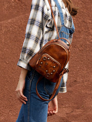 Best Vintage Rivet Brown Leather Rucksack Womens Small School Backpacks Leather Backpack Purse