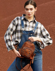 Best Vintage Rivet Green Leather Rucksack Womens Small School Backpacks Leather Backpack Purse