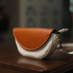 Brown&White LEATHER Saddle Side Bag WOMEN Contrast SHOULDER BAG Small Crossbody Purse FOR WOMEN