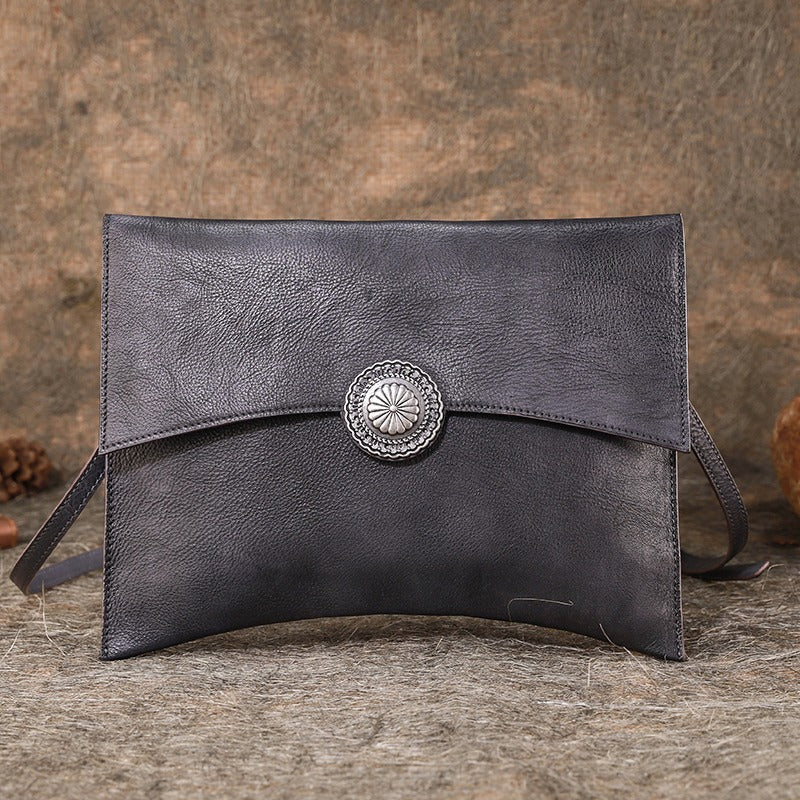 Womens Black Gray Leather Envelope Shoulder Bag Large Envelope Clutch Purse for Ladies