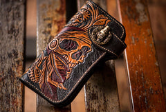 Handmade black leather indian skull carved biker wallet bifold Long wallet for men
