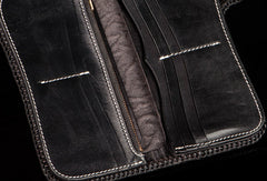 Handmade black brown leather floral Chinese dragon carved biker wallet Long wallet for men