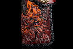 Handmade red brown leather prajna carved biker wallet Long wallet clutch for men