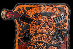 Handmade orange black coffee leather skull guns carved biker wallet Long wallet for men