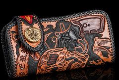 Handmade orange black coffee leather skull guns carved biker wallet Long wallet for men