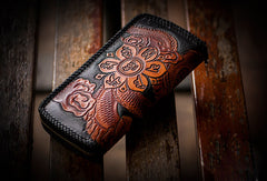 Handmade brown black leather floral Chinese dragon carved biker wallet Long wallet for men