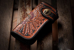Handmade black leather indian skull carved biker wallet bifold long wallet for men