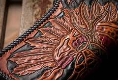 Handmade black leather indian skull carved biker wallet bifold long wallet for men
