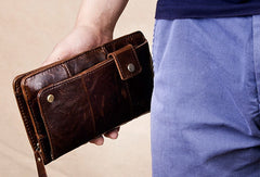 Men Leather clutch Vintage Bifold Black Long wallet men leather zip clutch bag