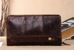 Men Leather clutch Vintage Bifold Black Long wallet men leather zip clutch bag