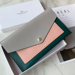 CONTRAST COLOR Khaki Envelope Leather Womens Slim Clutch Purse Checkbook Long Wallet for Women