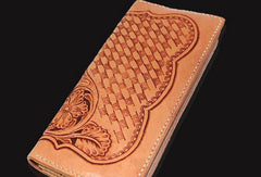 Handmade beige leather floral carved biker wallet Long wallet clutch for men