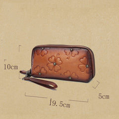 Handmade Womens Clover Leather Long Wallet Zipper Clutch Wristlet Wallet for Women