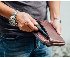 Cool Black Leather Mens Long Wallets Large Zipper Clutch Wallet Coffee Wristlet Clutch Vintage Clutch Purse For Men