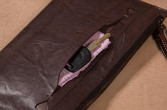 Long Leather Mens Clutch Wallet Wristlet Wallet Vintage Zipper Clutch for Men