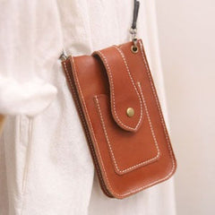 Cute Brown LEATHER Slim Side Bags Pouch Phone WOMEN SHOULDER BAG Phone Crossbody Pouch FOR WOMEN