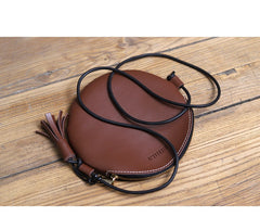 Cute Round LEATHER Slim Side Bag Brown WOMEN Circle SHOULDER BAG Small Crossbody Purse FOR WOMEN