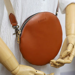 Cute Round LEATHER Small Side Bag Coffee WOMEN Circle SHOULDER BAG Small Crossbody Purse FOR WOMEN