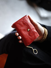 Cute Women Red Leather Mini Wallet with Keychain Billfold Minimalist Coin Wallet Small Zip Change Wallet For Women