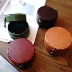 Cute Women Coffee Leather Round Coin Wallet Box Small Portable Jewelry Storage Box For Women
