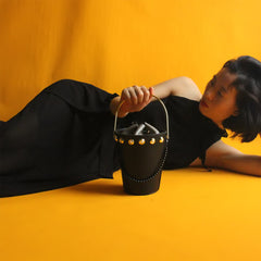 Cute Womens Black Leather Barrel Chain Crossbody Purse Bucket Round Chain Shoulder Bag for Women