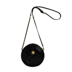 Cute Womens Black Leather Round Crossbody Purse Round Black Chain Shoulder Bag for Women