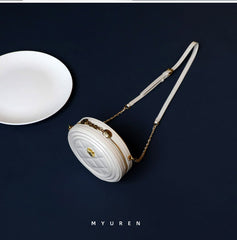 Cute Womens White Leather Round Crossbody Purse Round White Chain Shoulder Bag for Women