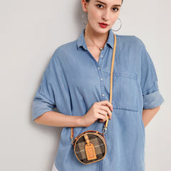 Cute Womens Mini Blue Leather Tweed Round Handbag Crossbody Purse Handmade Round Shoulder Bag for Women