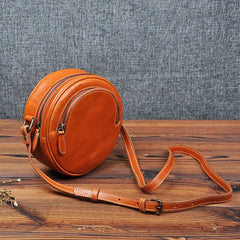 Cute Womens Small Tan Leather Round Crossbody Purse Vintage Round Tan Shoulder Bag for Women