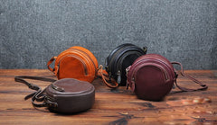 Cute Womens Small Tan Leather Round Crossbody Purse Vintage Round Tan Shoulder Bag for Women