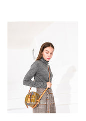 Cute Womens Small Gray Leather Tweed Round Crossbody Purse Handmade Round Shoulder Bag for Women