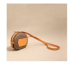 Cute Womens Small Blue Leather Tweed Round Crossbody Purse Handmade Round Shoulder Bag for Women