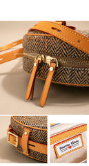 Cute Womens Small Yellow Leather Tweed Round Crossbody Purse Handmade Round Shoulder Bag for Women