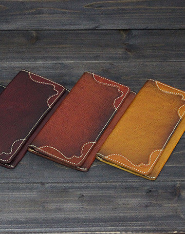 Handmade Men long leather wallet men vintage brown coffee tan wine wallet for him