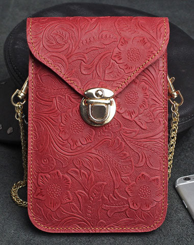 Handmade phone leather shoulder purse bag wallet flowral leather billfold wallet for men women