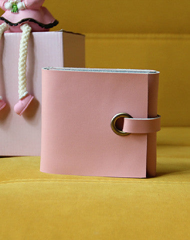 Handmade pink vintage leather billfold ID card photo holder bifold wallet for women girl