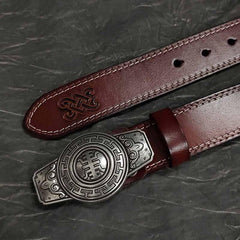 Fashion Red Brown Leather Metal Belt Motorcycle Belt Leather Biker Circle Belt For Men