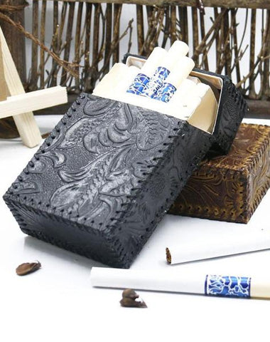 Cool Handmade Leather Mens Engraved Floral Cigarette Holder Case for Men
