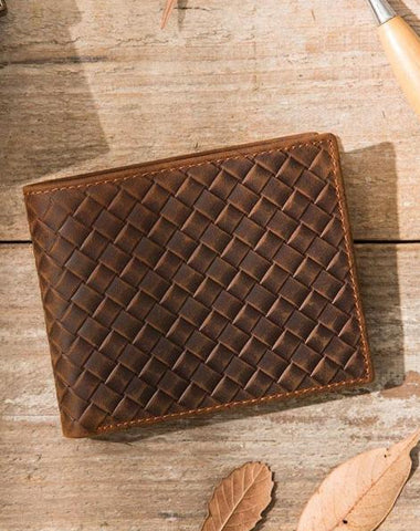 Cool Leather Mens Briaded Small Wallet Bifold Vintage Slim billfold Wallet for Men