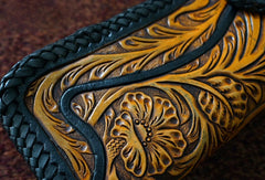 Handmade tan black floral men biker wallet chain leather Long wallet purse clutch for men