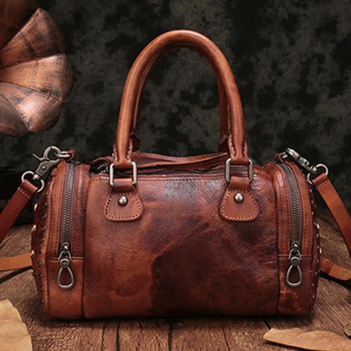 Brown Rivet Vintage Womens Leather Handbags Boston Purse Western Leath