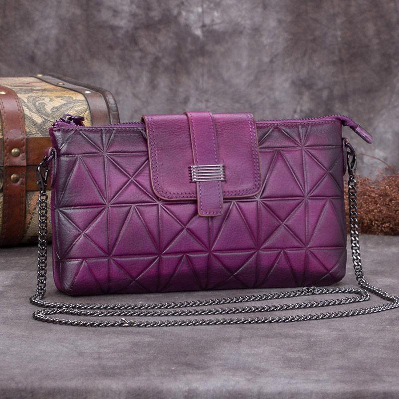 Purple Leather Geometric Womens VIntage Chain Shoulder Bag Side Bag Red Chain Clutch Purse for Ladies