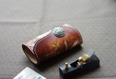 Handmade key wallet leather vintage hand painting lily flower leather keys wallet for women/men