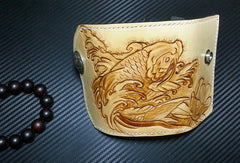 Handmade key wallet vintage carved flower&Cryprinus carpiod leather keys wallet for women/men
