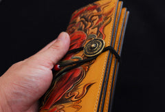 Handmade biker wallet yellow color carved thunder god leather long wallet for men