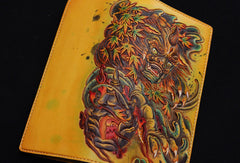 Handmade biker wallet yellow color carved Dance Tonlion leather long wallet for men