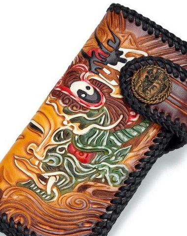 Handmade Leather Buddha&Demon Mens Biker Chain Wallet Cool Leather Wallets With Chain Wallets for Men